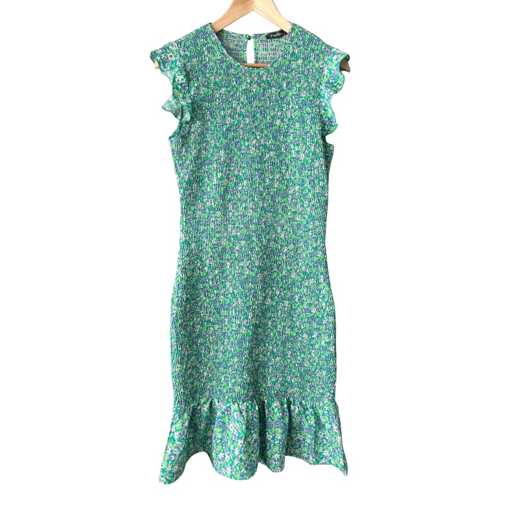 Smocked Ruffle Sleeve Floral Mermaid Midi Dress